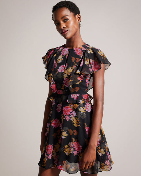 TIIAH-Dresses-Step into effortless elegance with our TIIAH dress. Our glitched floral print offers contemporary style, while the peplum waist enhances the silhouette. It is the ideal option for anyone looking for both style and sophistication. Mini dress Glitched floral print Angel sleeves A-line silhouette Peplum frilled waist Zip fastening Silvia is 5'11" / 1.8m and wears Black in a Ted size 1- Ted Baker Romania